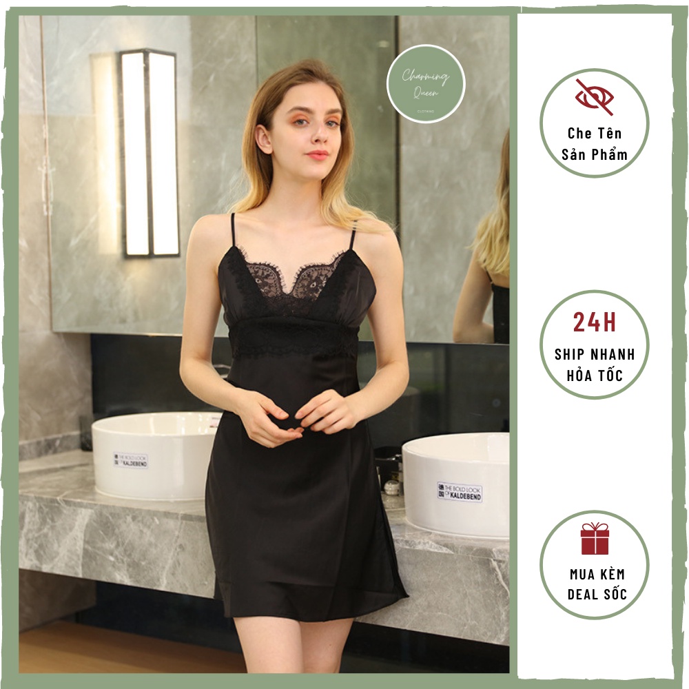 Đồ ngủ sexy  ,Váy ngủ lụa phối ren viền eo gợi cảm KÈM MÚT NGỰC Hàng Cao Cấp -- CharmingQueen
