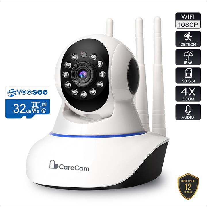 Camera Wifi 3 Râu CARECAM xoay 360 độ 2.0MPX / Camera kèm thẻ 32G - Hàng chính hãng