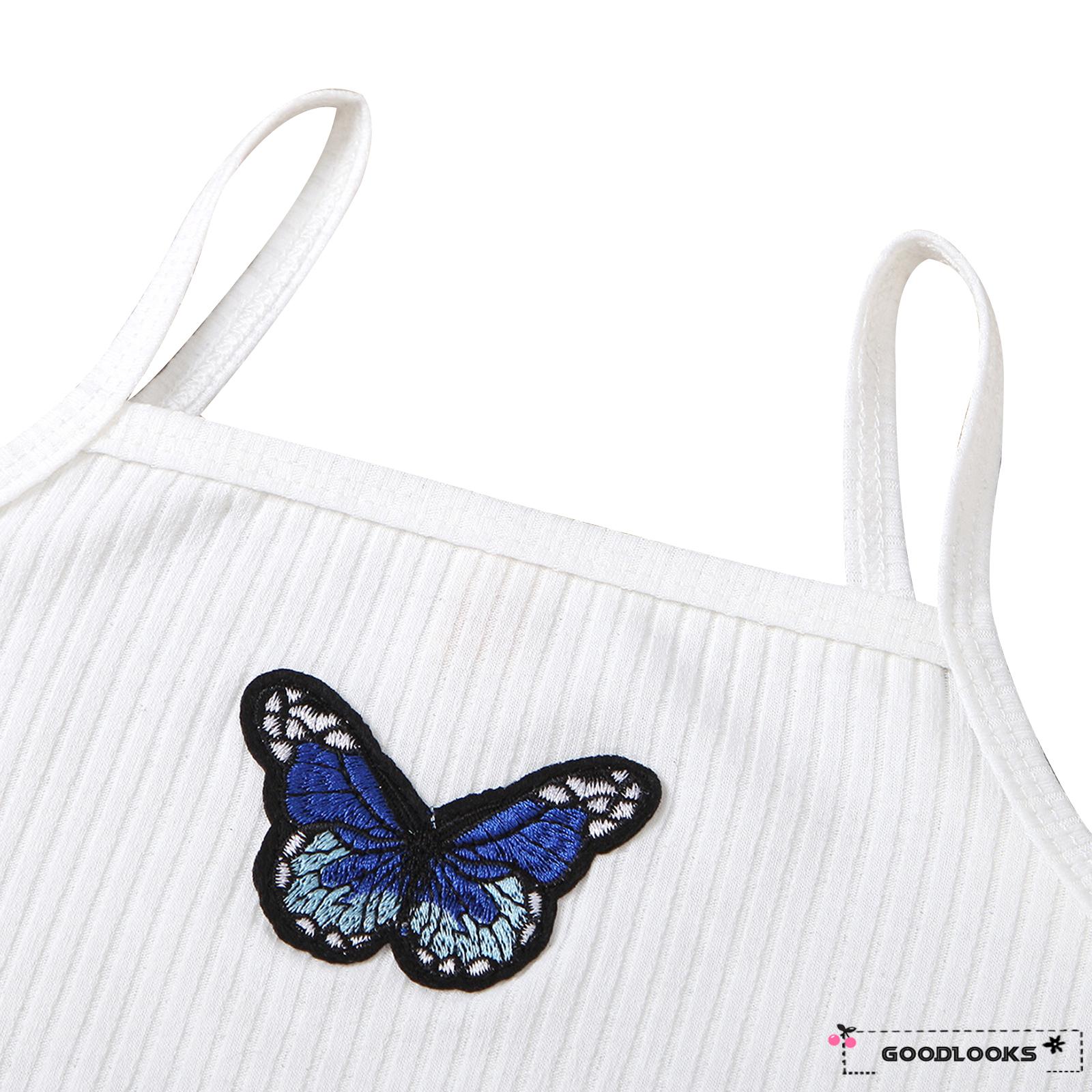 GD-Girl’s Summer Two Piece Set Fashion Butterfly Print Cropped Camisole and Leather A-line Short Skirt