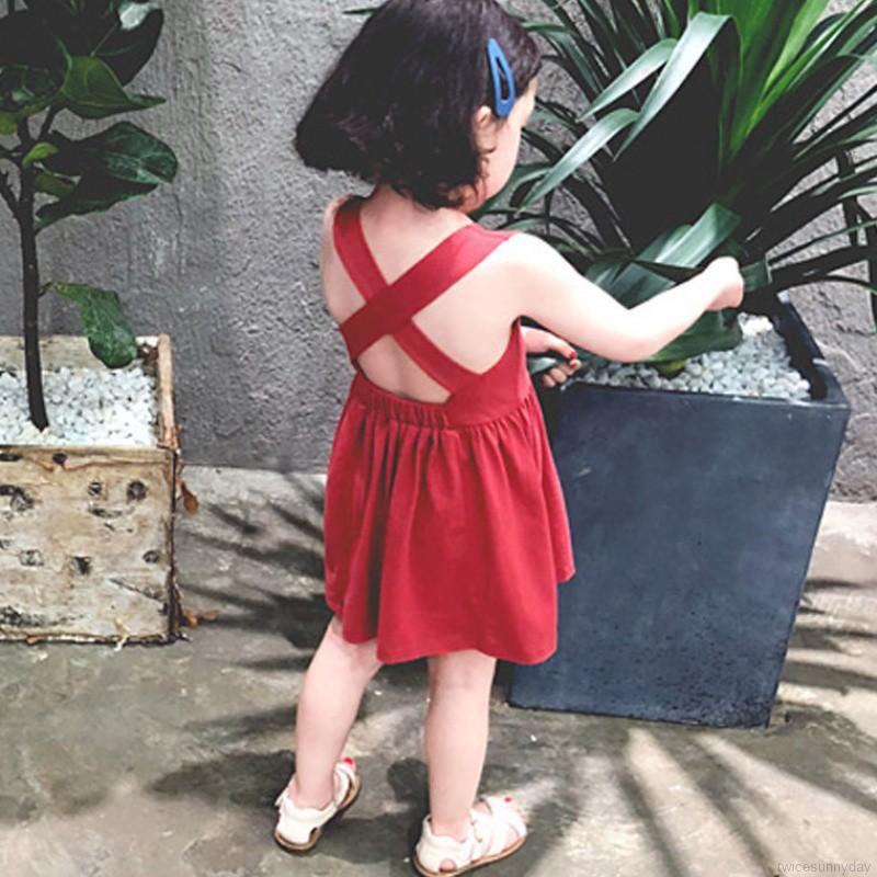 Đầm cotton sát nách hở lưng dễ thương cho bé gái