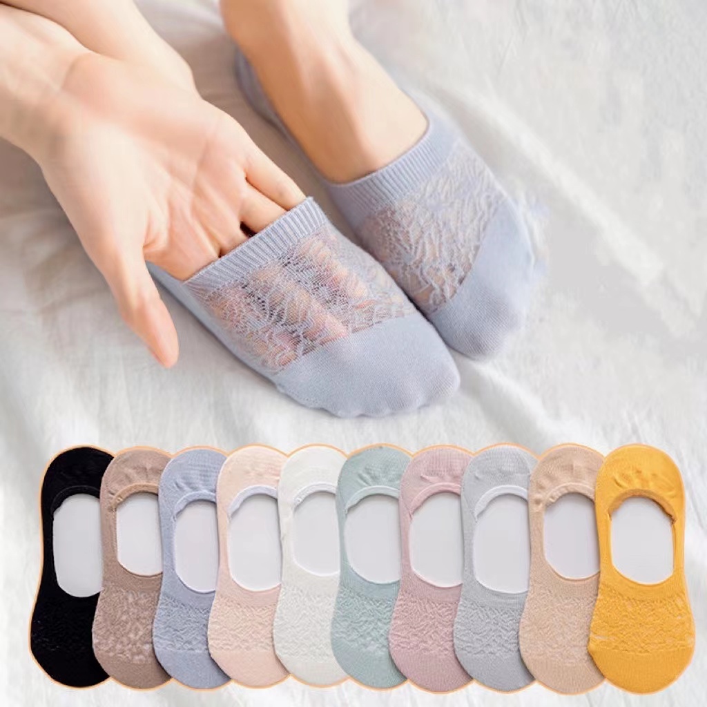 Vớ cổ thấp màu trơn chất liệu cotton silicon chống trượt phối lưới thời trang cho nữ