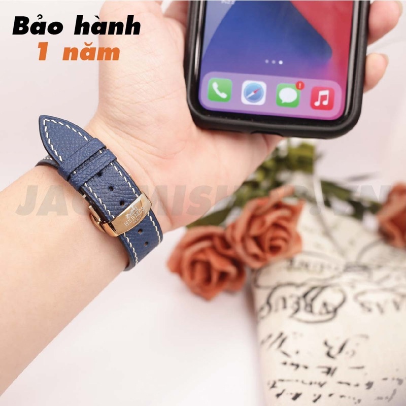 [BẢO HÀNH 1 NĂM] Dây Da EPSOM may tay thủ công màu Xanh Navy chỉ Trắng khóa Bướm cho Apple Watch series 1/2/3/4/5/6/7