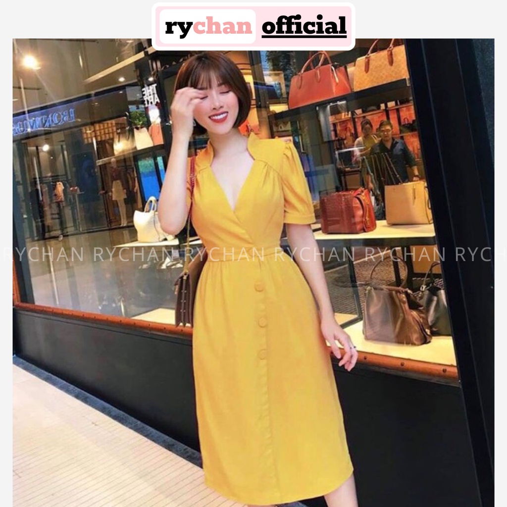 Đầm Váy Nữ Dự Tiệc Cổ Úp Tay Phồng Nút Trước Bo Eo Cực Quyến Rũ Màu Cam Trắng Vàng [ẢNH THẬT CUỐI] - DX9869