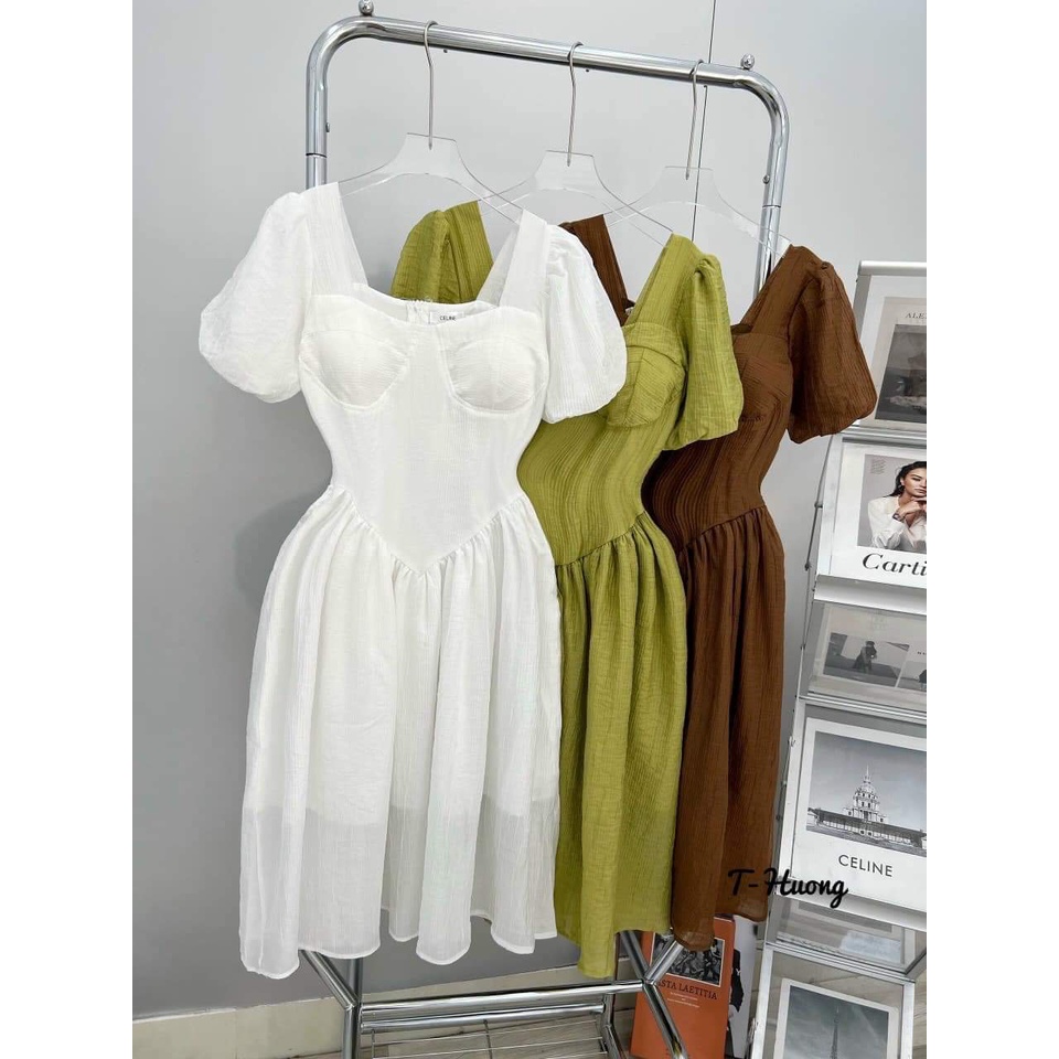 Váy thiết kế nữ tay bồng chất đũi hàng 2 lớp có cúp ngực tiểu thư bánh bèo siêu xinhI Trần Hân Shop 3007458
