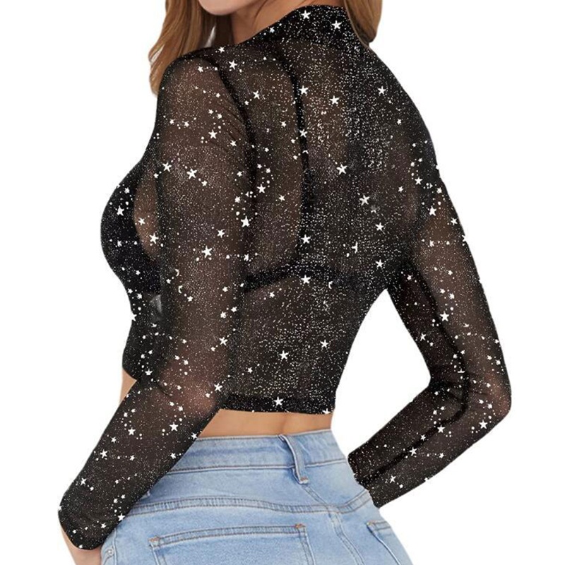 Áo Croptop Lưới Tay Dài Xuyên Thấu Gợi Cảm Cho Nữ