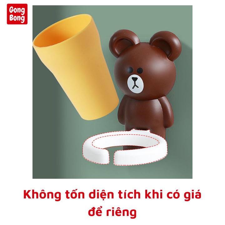 Bộ cốc cho bé để bàn chải đánh răng có giá đỡ dán tường hình chú gấu cute