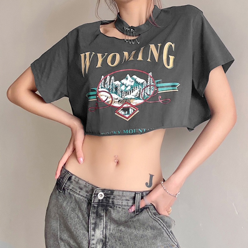 Brroa Áo Thun Crop Top Tay Ngắn Họa Tiết Pin Kim Loại Độc Đáo Oversized Cho Nữ