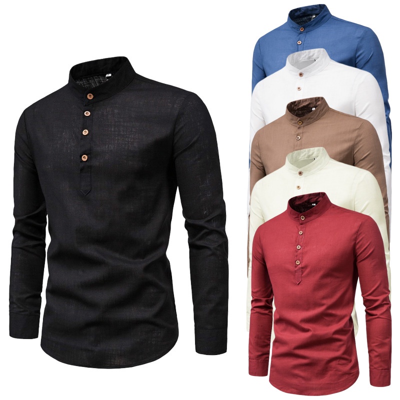 Áo Sơ Mi Nam Dài Tay Cổ Đứng 6 Màu Kemeja Lelaki Baju Lelaki Kurta Slim Fit Plus Size