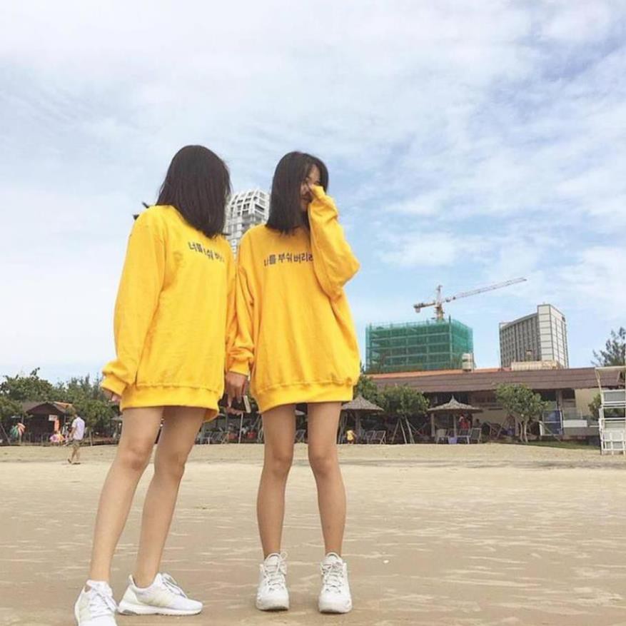 Áo Sweater Hàn KOREAN VÀNG CHỮ XANH UNISEX / NEVA DIE VÀNG (form rộng Châu Âu)