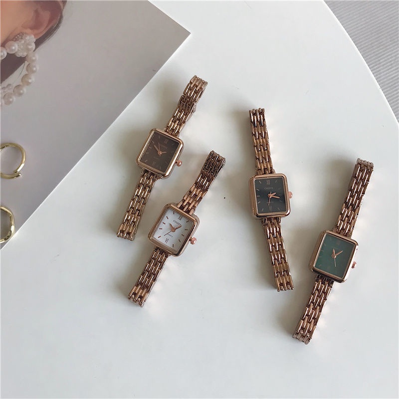 Đồng Hồ Đeo Tay Mặt Vuông Màu Vàng Sang Trọng Dây Thép Chất Lượng Cao Chống Nước Cho Nữ