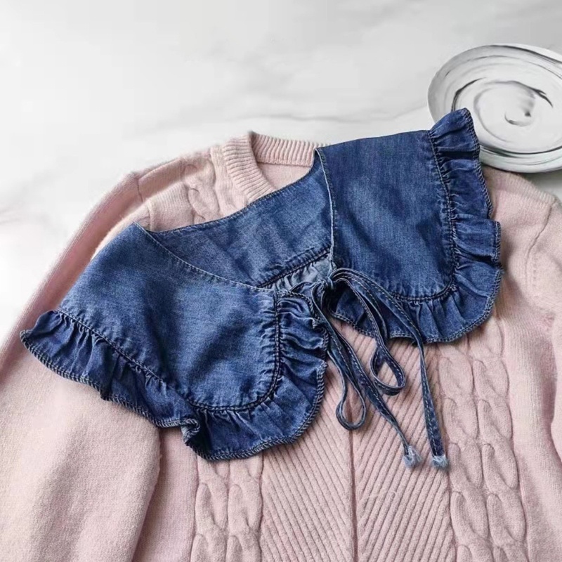 Khăn Choàng Cổ Giả Vải Denim Phối Bèo Cột Dây Phong Cách Vintage Cho Nữ