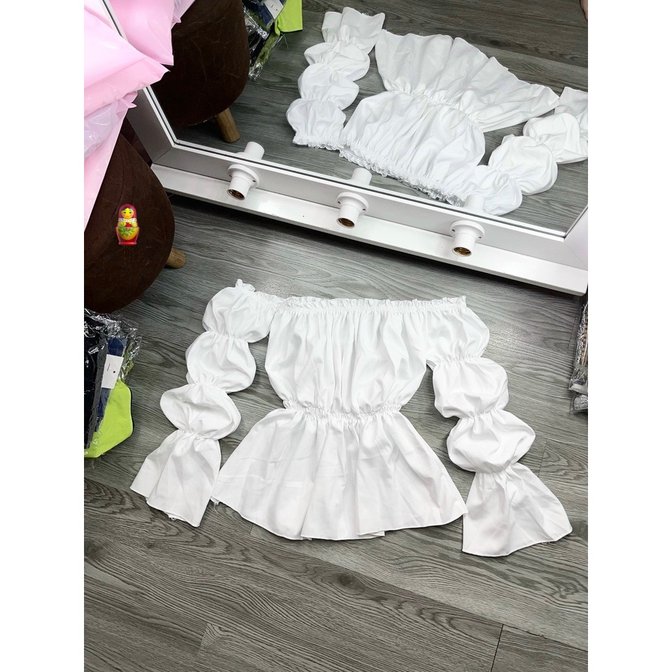 Áo kiểu trễ vai bo thun ngực eo tay bồng nhúm xinh xinh , chất kate mềm mát