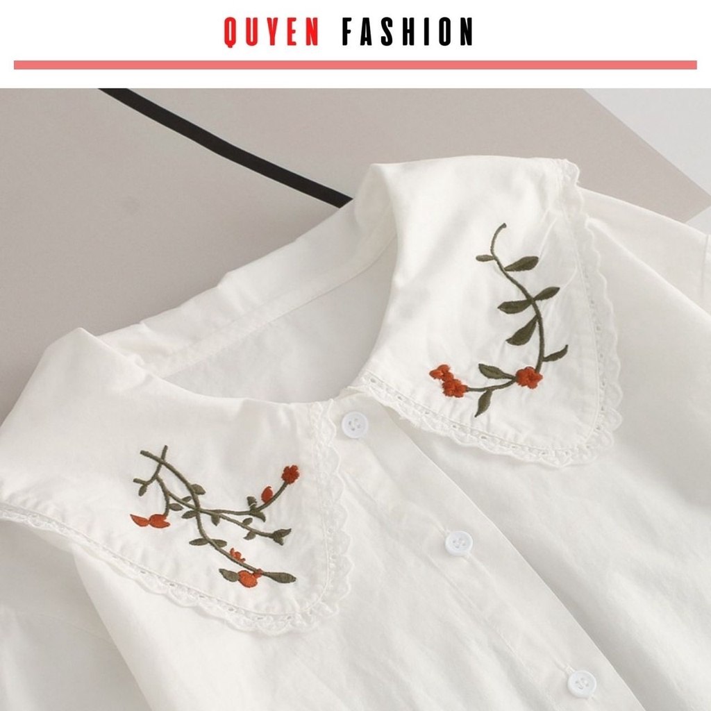 Áo sơ mi cổ thêu hoa công sở Quyên Fashion AA555 màu trắng tay tiểu thư