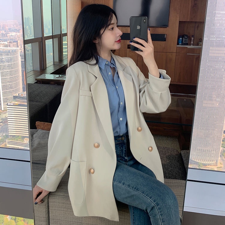 Áo Khoác Blazer Tay Dài Dáng Rộng Phối Hai Hàng Nút Phong Cách Hàn Quốc