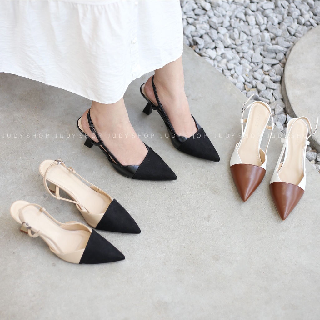 Giày Sandal Gót Bít CAPELLA Mũi Nhọn Da Mềm Phối Cao 7p VNXK