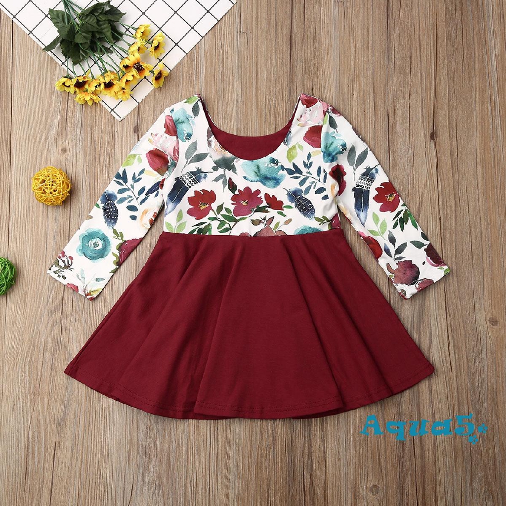 Đầm Cotton Tay Dài In Hoa Cho Bé Gái