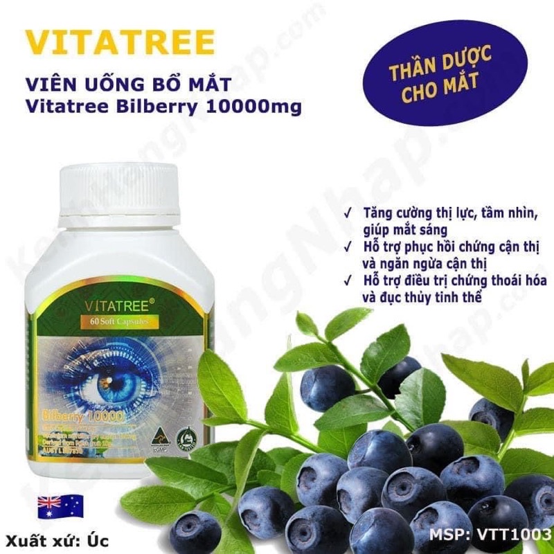 VIÊN UỐNG BỔ MẮT TỪ QUẢ VIỆT QUẤT - BILBERRY 10.000 60 VIÊN - VITATREE