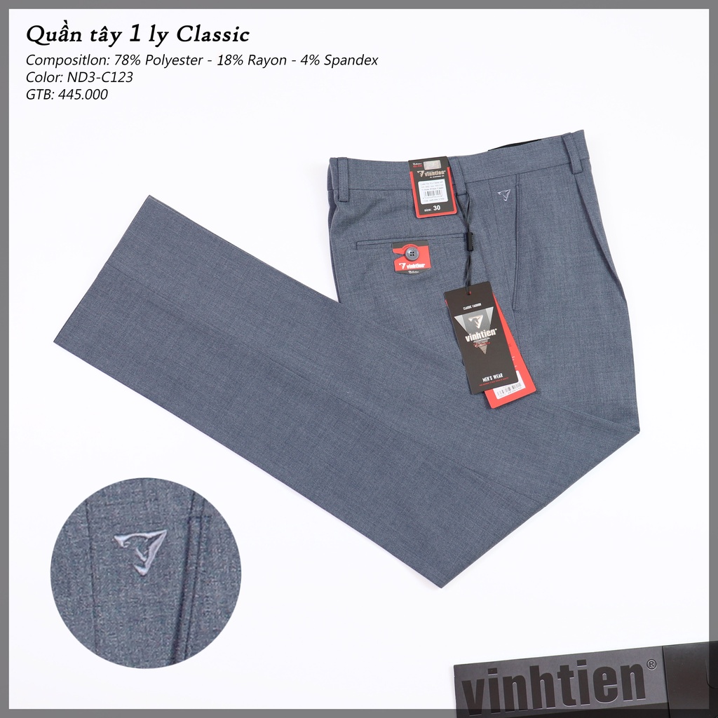 Quần Tây Nam Công Sở 1 Ly Classic Vĩnh Tiến Vải Mỏng Co Giãn 445 - Màu Trơn C123