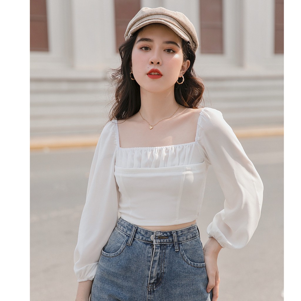 [OVERSIZED] Áo croptop trắng, cổ vuông nhún thun, tay phồng dài, bo thun thân sau [VI9]