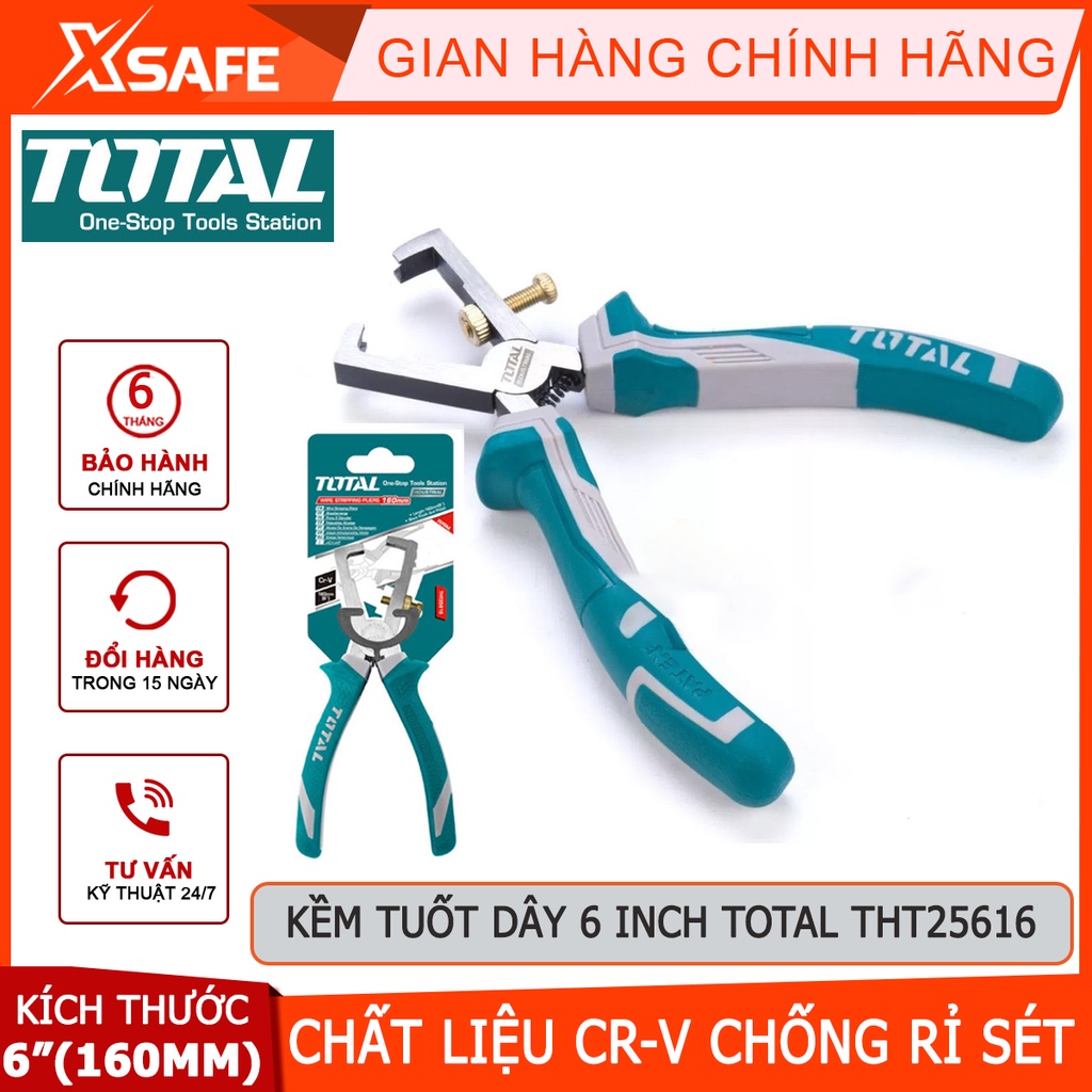 Kềm tuốt dây điện TOTAL THT25616 kích thước 6 inch(160mm), chất liệu thép CR-V bền bỉ không gỉ, đen bóng - [XSAFE]