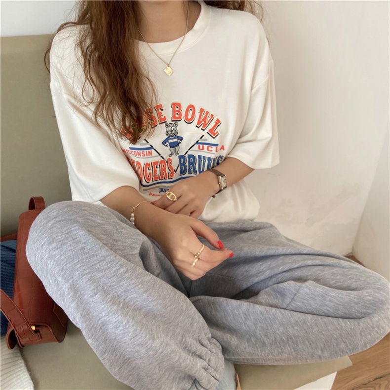 Áo thun nữ tay ngắn cổ tròn in chữ thời trang mùa hè phong cách Hàn Quốc