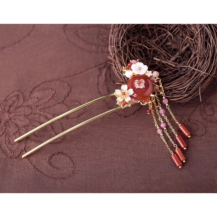 TD040 Trâm cài tóc gắn đá đồng điếu màu xanh và màu đỏ