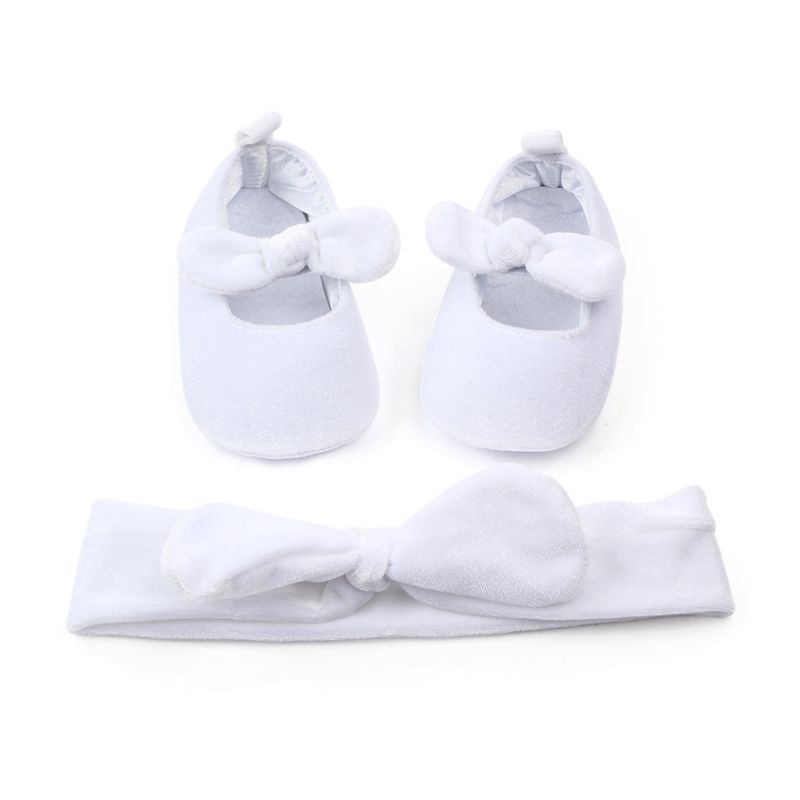 Bộ 2 Giày Cotton Đế Mềm Chống Trượt Đính Nơ Kèm Băng Đô Dành Cho Bé Gái Sơ Sinh