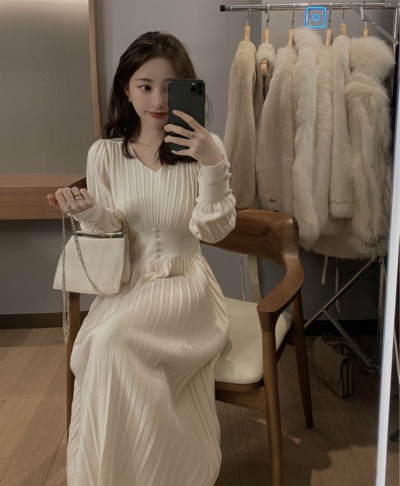 Đầm Dệt Kim Tay Dài Phong Cách Thời Trang Hàn Quốc Cho Nữ