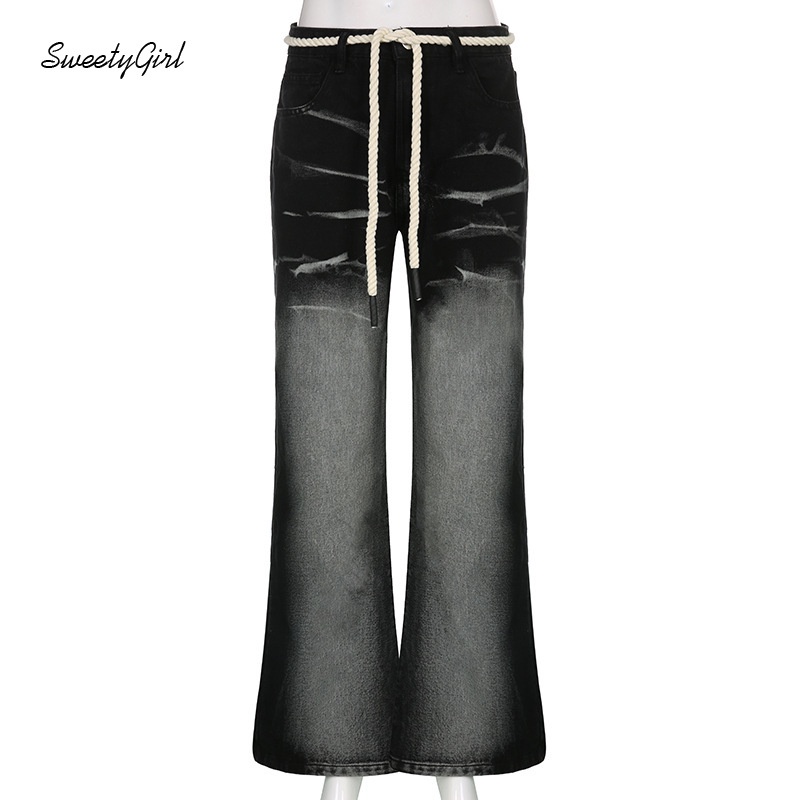 Quần Jeans Dài Ống Rộng Lưng Cao Phối Dây Rút Thời Trang Cho Nữ