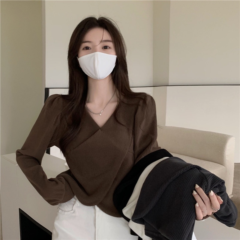 Áo Thun Lửng Tay Dài Cổ V Màu Nâu Phong Cách Retro Dành Cho Nữ