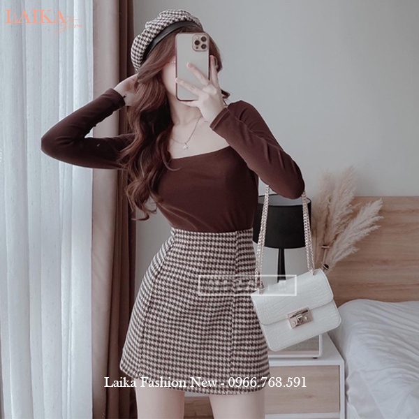 Chân váy chữ A ngắn lưng cao có quần lót trong dáng chân váy caro cạp cao vải dạ dày mềm ấm mặc công sở đi học hẹn hò
