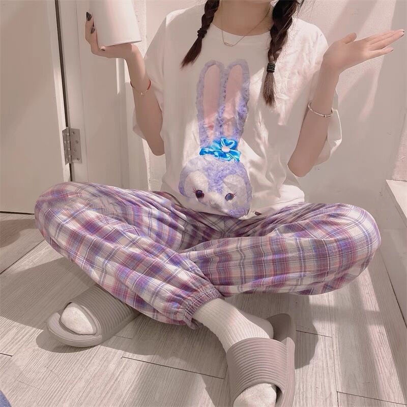 Bộ đồ ngủ tay ngắn cổ tròn kẻ caro phong cách Hàn Quốc thoải mái cho nữ | BigBuy360 - bigbuy360.vn