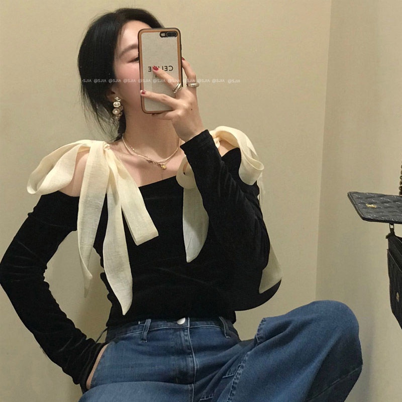 Áo thun tay dài trễ vai màu đen thời trang mùa thu quyến rũ cho nữ