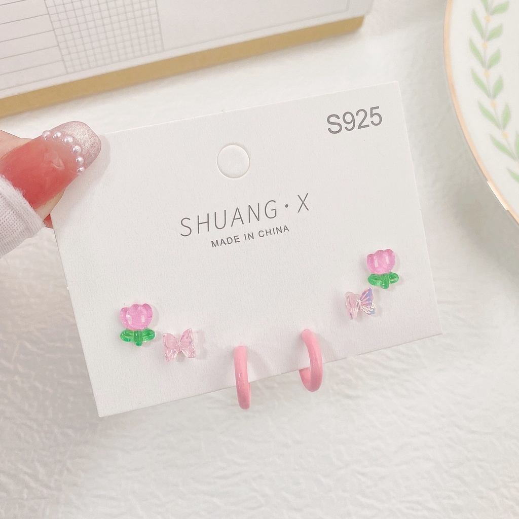 Bông Tai Mạ Bạc 925 Hình Hoa Tulip / Bướm / Hình Học Đính Pha Lê Màu Hồng / Xanh Dương Ngọt Ngào Thanh