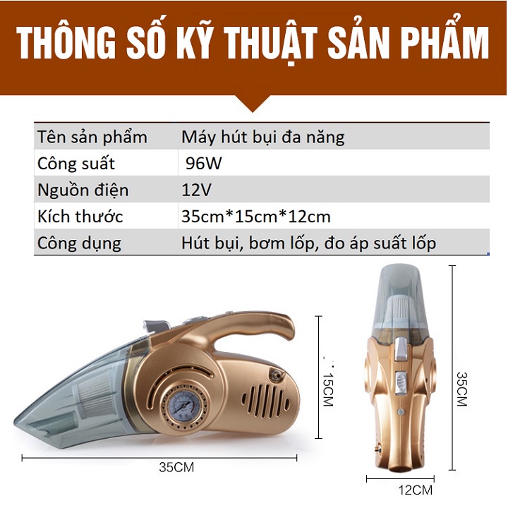 Máy Hút Bụi Ô Tô Cầm Tay 4 Trong 1 - Hút Bụi + Đo Áp Suất Lốp + Bơm Xe + Đèn Pin - Lavana
