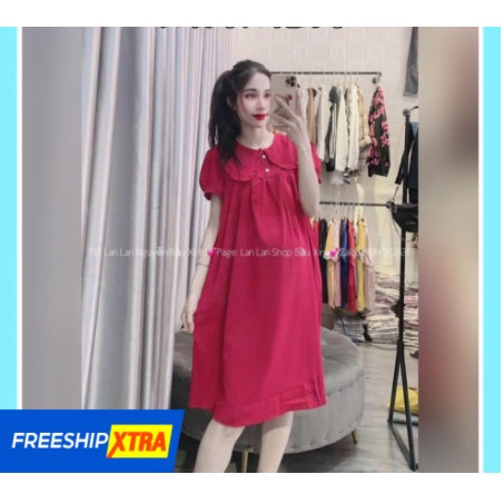 Váy Đầm Bầu Thời Trang Dáng Suông Chất Đũi Tay Ngắn Có Cổ Xinh
