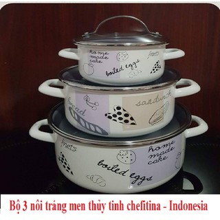 Bộ 3 Nồi Thép Đúc Tráng Men Thuỷ Tinh Cheftina 16cm 20cm 24cm. Indonesia- Dùng Mọi Loại Bếp