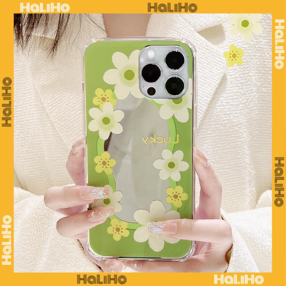iPhone Case Acrylic HD Mirror Airbag Shockproof Protection Camera Cute Line Green Yellow Flowers Compatible For iPhone 11 iPhone 13 Pro Max iPhone 12 Pro Max iPhone 7 Plus