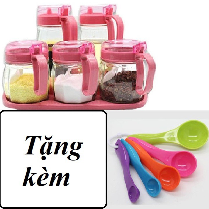 Bộ 5 hủ gia vị thủy tinh cao cấp+ tặng kèm set 5 muỗng đo lường gia vị