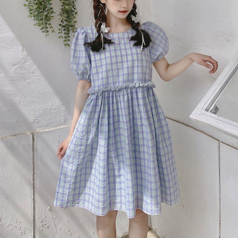 ORDER Váy babydoll kẻ caro tay phồng búp bê Nhật bản dáng ngắn mùa hè