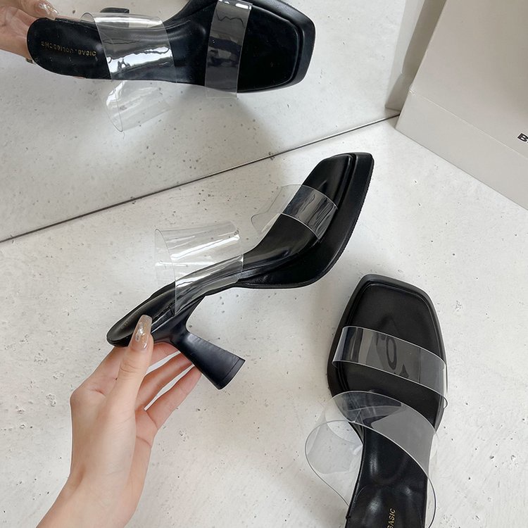 Dép Sandal Cao Gót Mũi Vuông Quai Trong Suốt Thời Trang Mùa Hè 2022 Cho Nữ