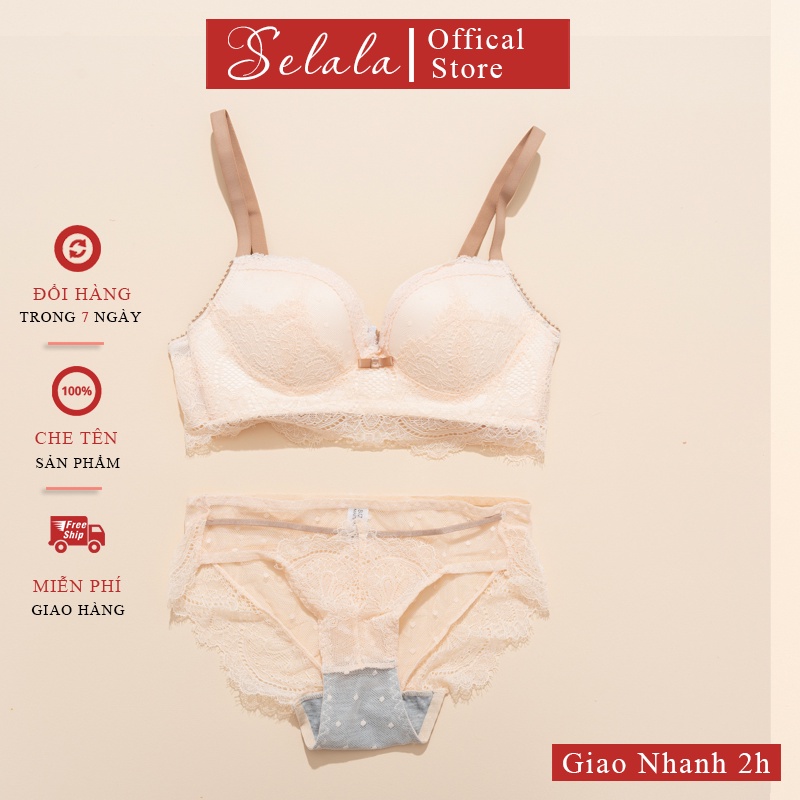 Set Đồ Lót Ren Selala Không Gọng Đính Nơ Cúp Ôm Ngực Thoải Mái SET19