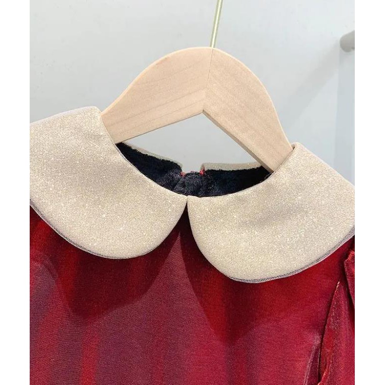 ❤Đầm Công Chúa Tay Dài Lót Lông Cừu Dày Dặn Cổ Búp Bê Màu Đỏ Thời Trang Thu Đông Năm Mới 2021 Cho Bé Gái