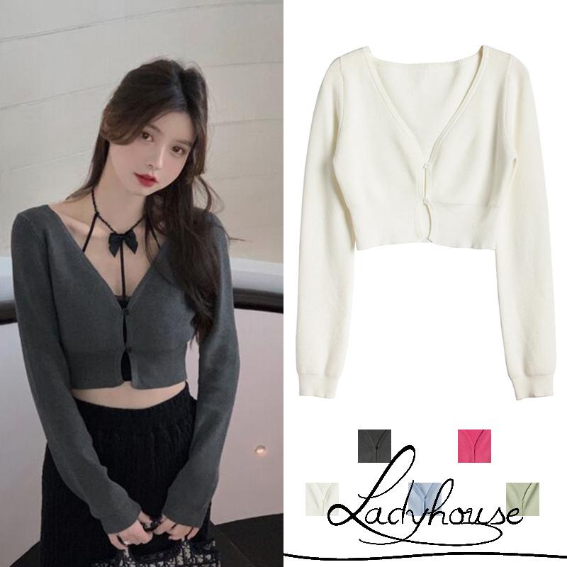 Áo croptop dệt kim tay dài cổ chữ V màu sắc đơn giản dành cho nữ