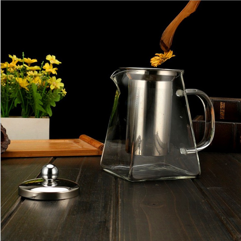 Ấm trà thủy tinh dày chịu nhiệt Bình trà hoa Bình trà bong bóng Bộ lọc bằng thép không gỉ Ấm trà Bộ nồi vuông 350Ml