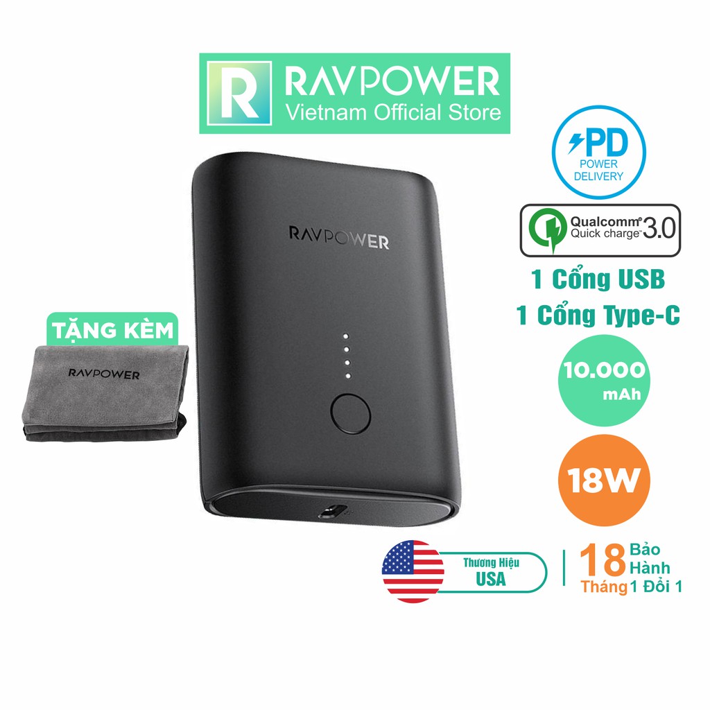 Pin Sạc Dự Phòng Siêu Nhỏ RAVPower RP-PB194 10000mAh + PD 18W + QC3.0 Kèm Túi Đựng - Hàng Chính Hãng