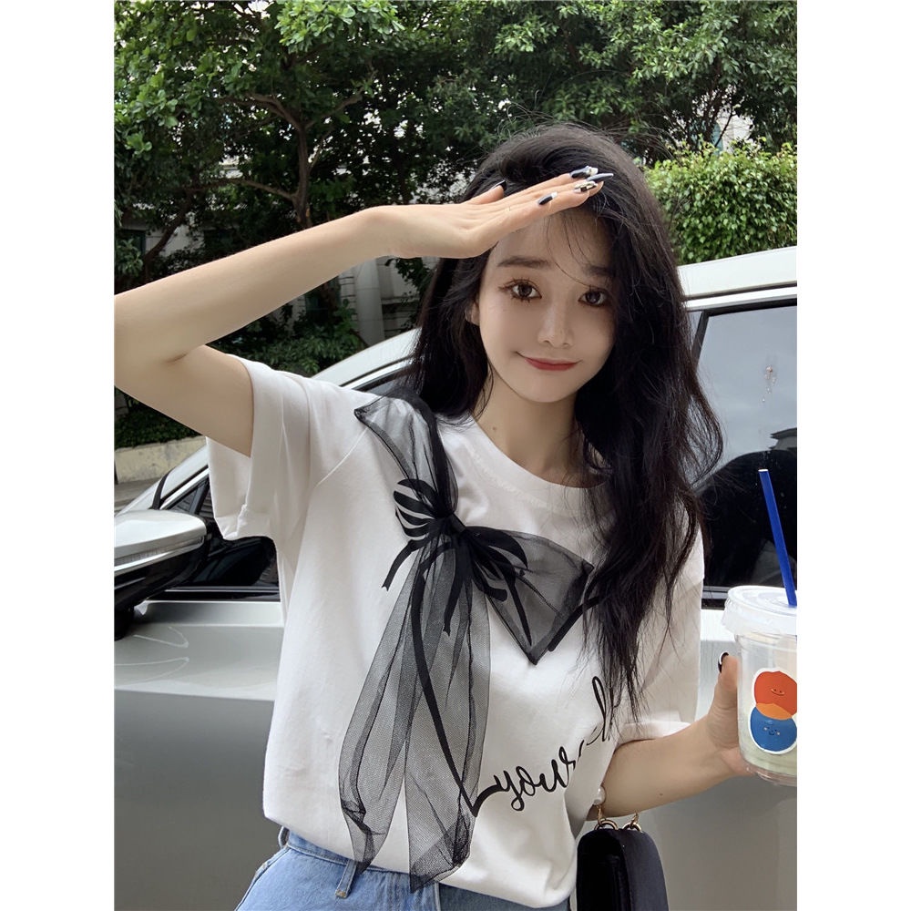 Students feel foreign style bow tie short-sleeved t-shirt girls summer wear personality care machine age-reducing half-sleeved shirt ins trend