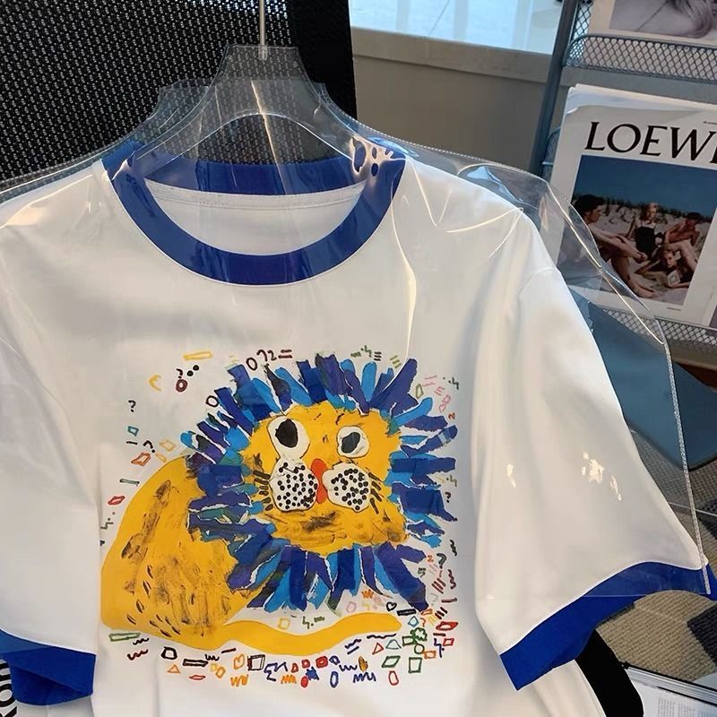 Áo Thun Ngắn Tay In Hoạt Hình Sư Tử Phối Màu Tương Phản Cá Tính Cho Nữ