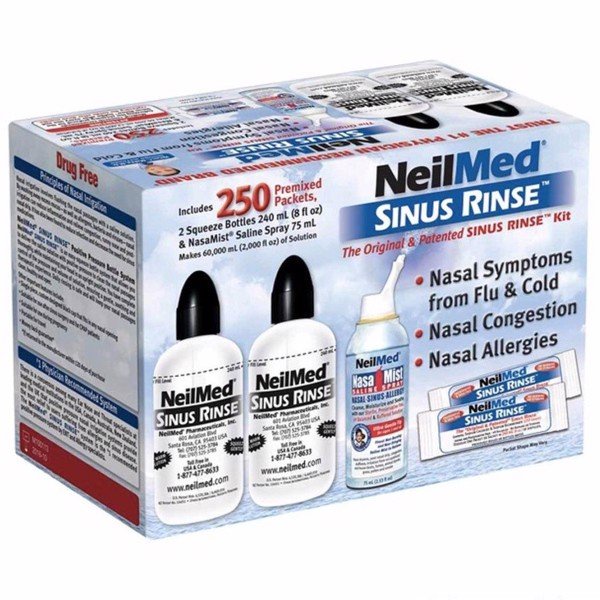 Nước muối sinh lý, Muốií rửa mũi Neilmed Sinus Rinse 250 gói , kèm 2 bình 240ml  + 1 chai xịt mũi.