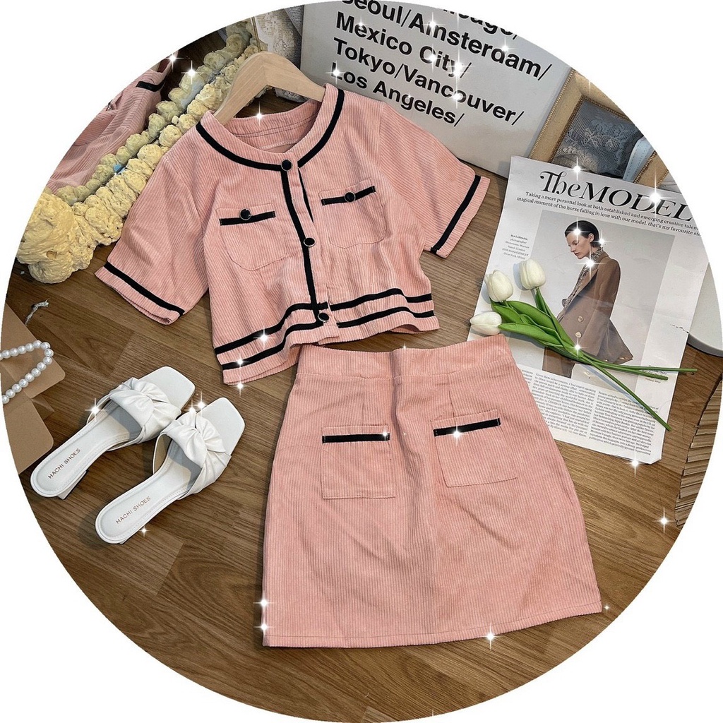 SET NHUNG GÂN ÁO HỒNG VIỀN ĐEN + CHÂN VÁY HỒNG LÓT QUẦN